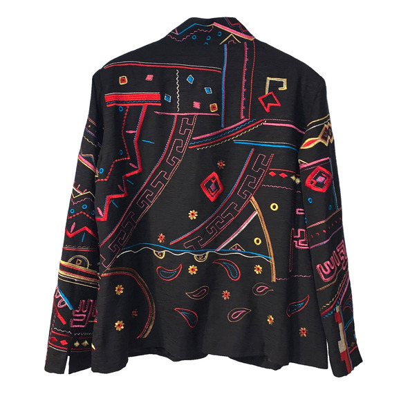 Norm Thompson Women's Embroidered Silk Jacket Sz L Colorful Art to Wear Boho - Picture 2 of 7